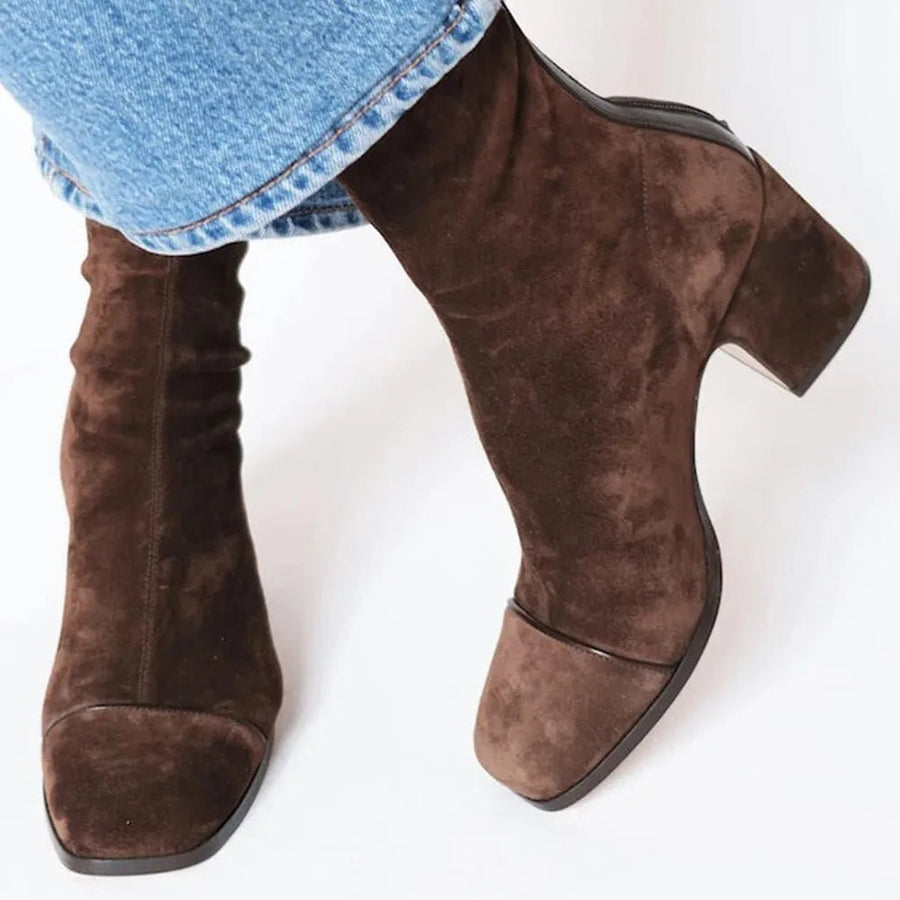 Women's Square Toe Block Heel Ankle Boots with Contrast Toe Cap for Autumn Days