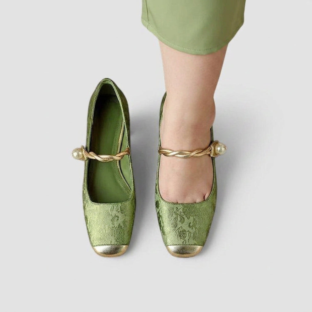Green Mary Jane flats with ankle strap – top view