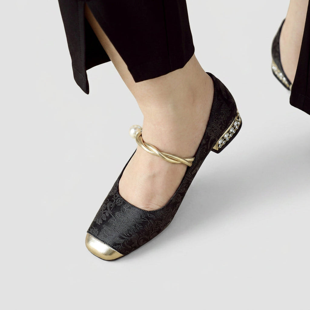 Black square toe flats with strap – side view