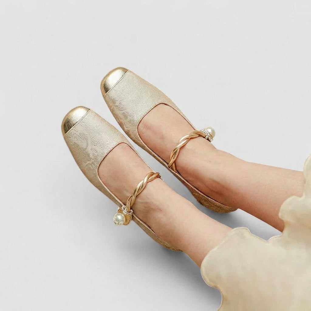 Beige square toe Mary Jane flats with strap
