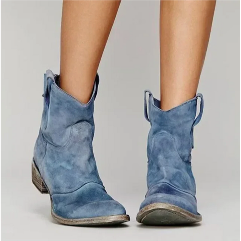 Women's suede-look western ankle boots with low heel in blue