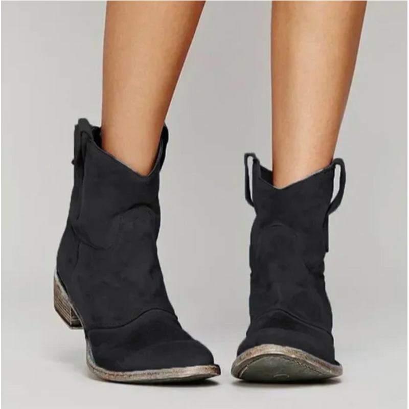 Women's suede-look western ankle boots with low heel in black