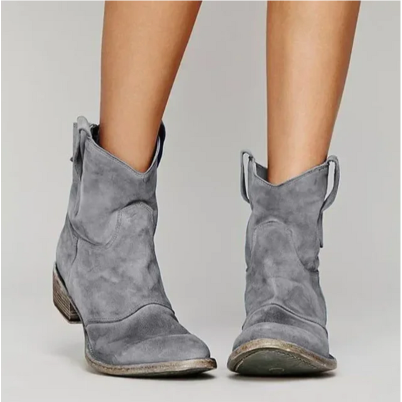 Women's suede-look western ankle boots with low heel in grey