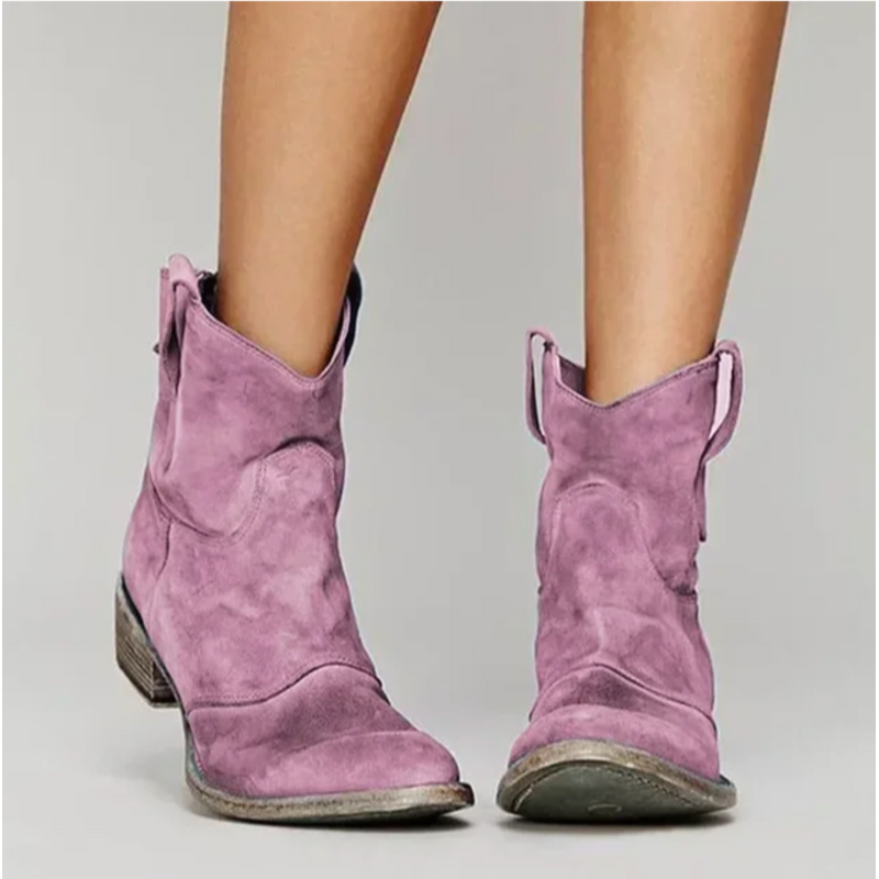 Women's suede-look western ankle boots with low heel in pink