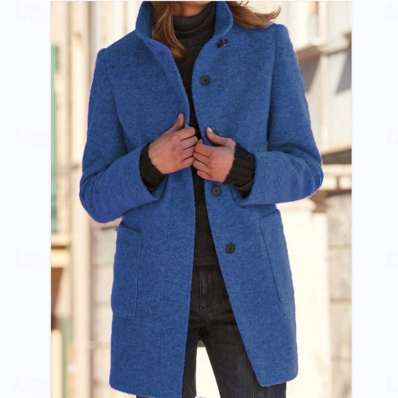 Women's Tailored Stand-Collar Coat with Button Front for Autumn Winter