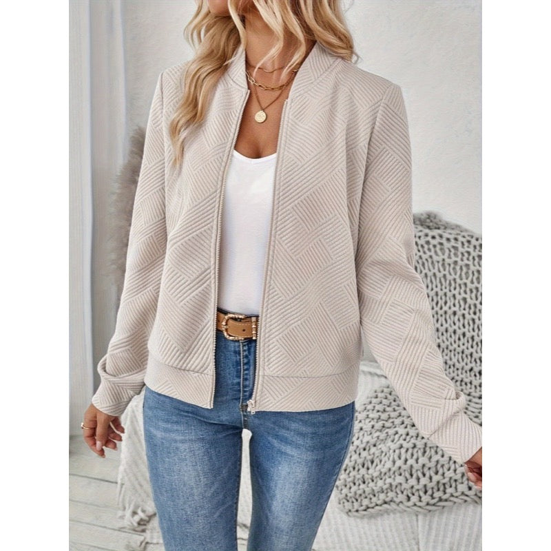 Women's textured bomber jacket in khaki, worn open