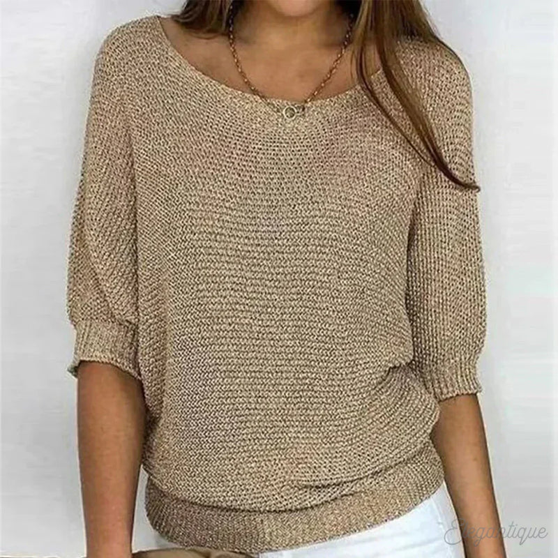 Women's textured knit sweater with round neck in beige