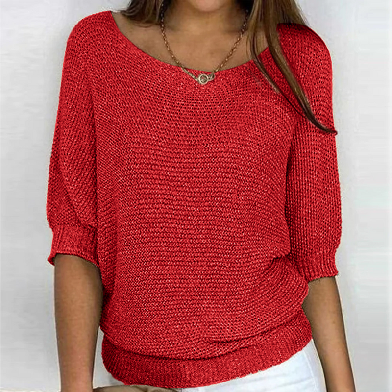 Women's textured knit sweater with round neck in red