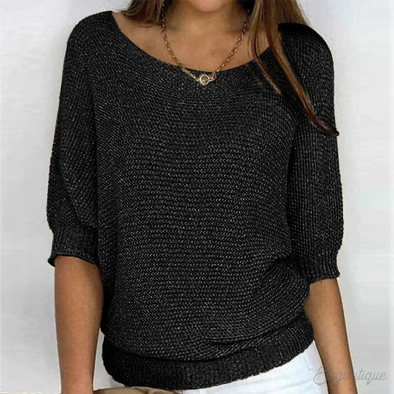 Women's textured knit sweater with round neck in black