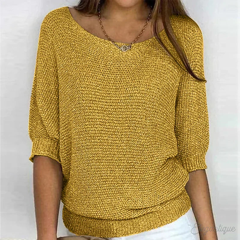 Women's textured knit sweater with round neck in yellow