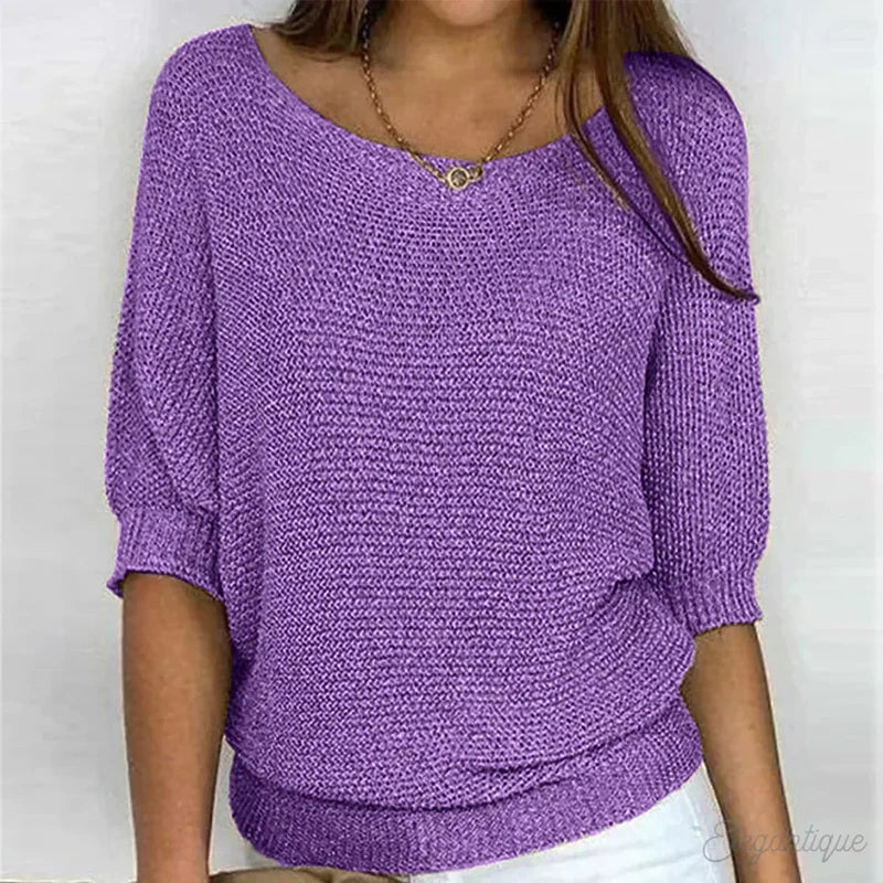 Women's textured knit sweater with round neck in purple