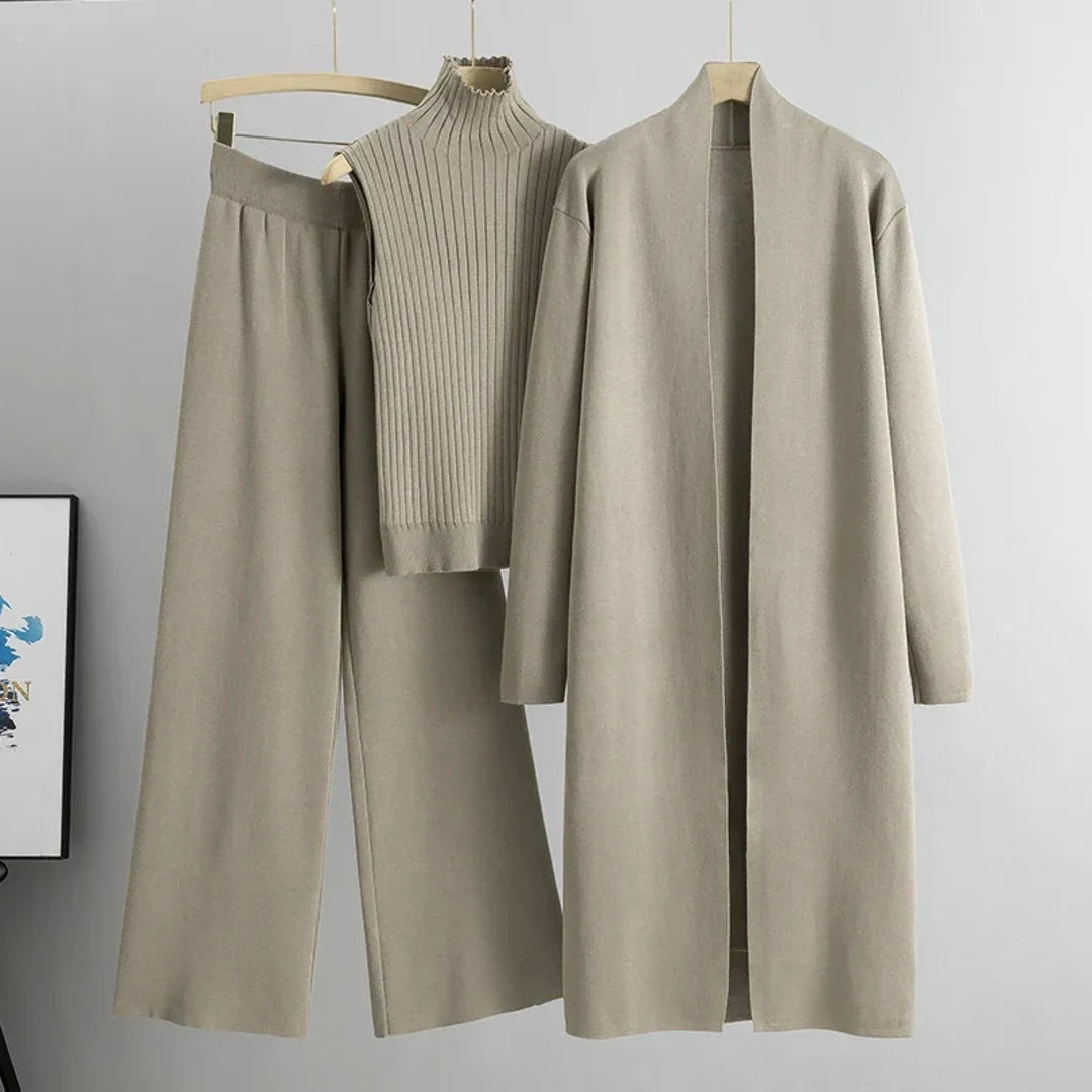 Women's apricot three-piece knit set with long cardigan