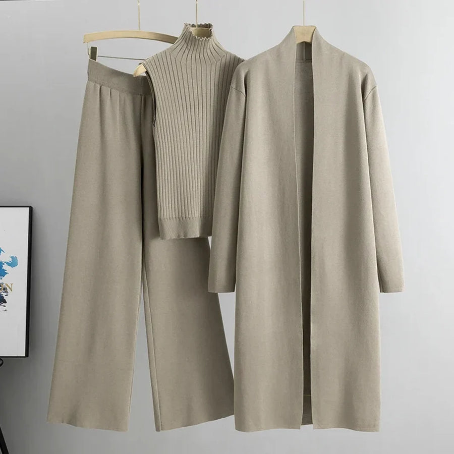 Women's Three-Piece Knit Set with Long Cardigan and Wide-Leg Trousers