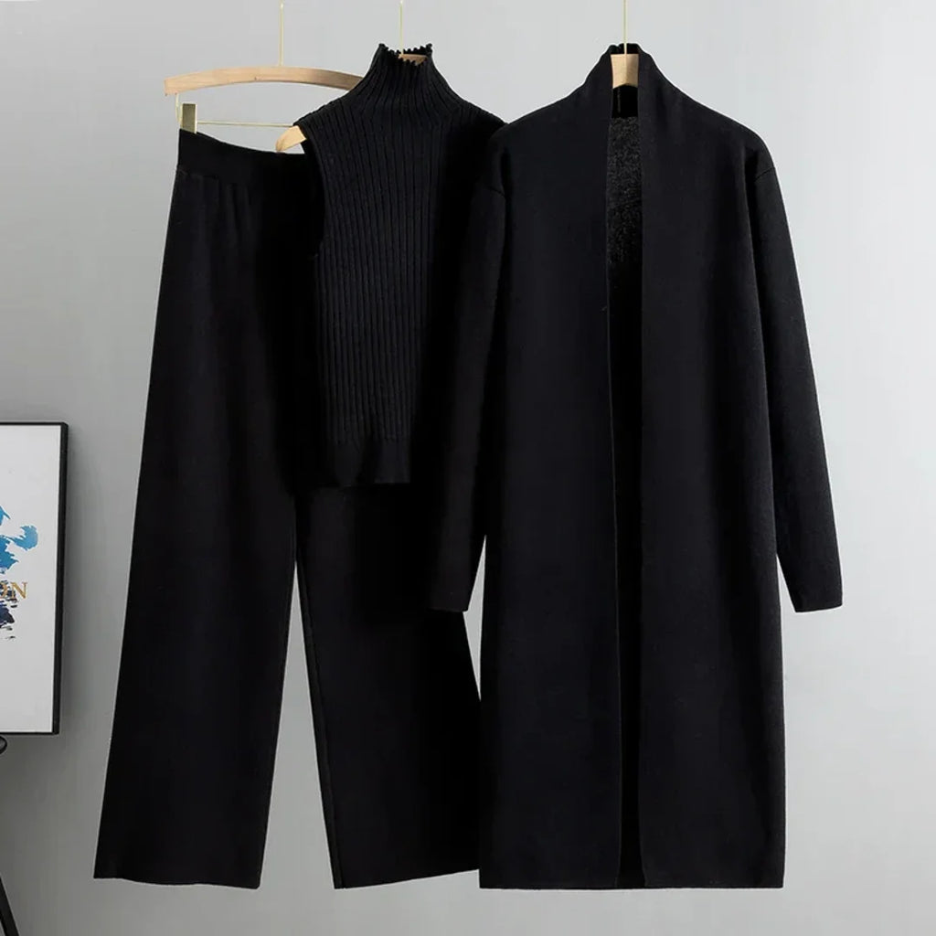 Women's black three-piece knit set with wide-leg trousers