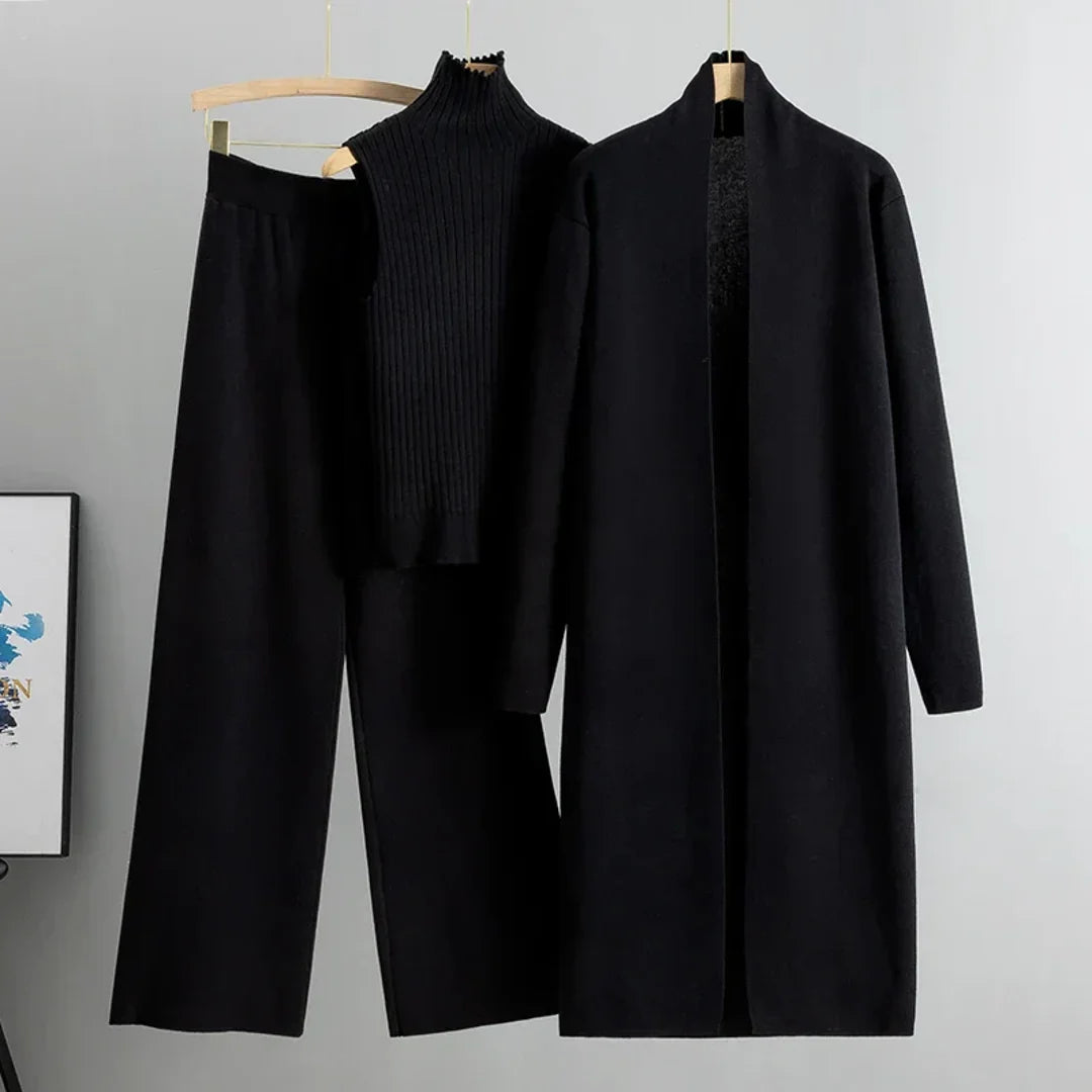 Women's black three-piece knit set with wide-leg trousers