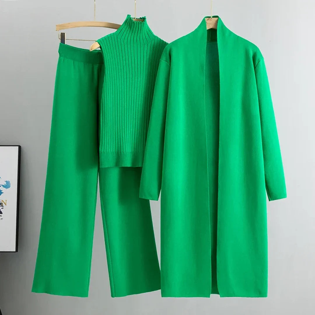 Women's green three-piece knit set