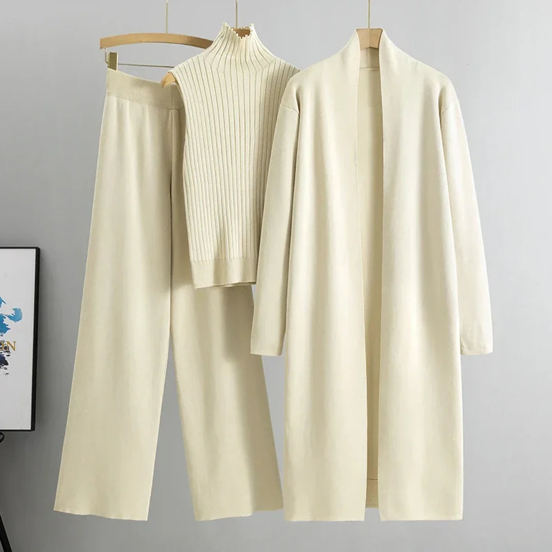 Women's cream three-piece knit set with long cardigan