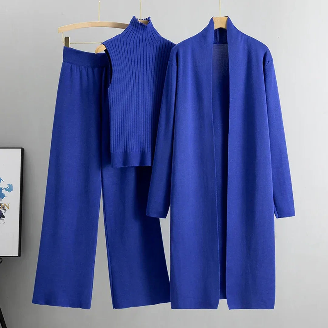 Women's blue three-piece knit set