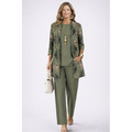 Women's green three-piece set with printed cardigan