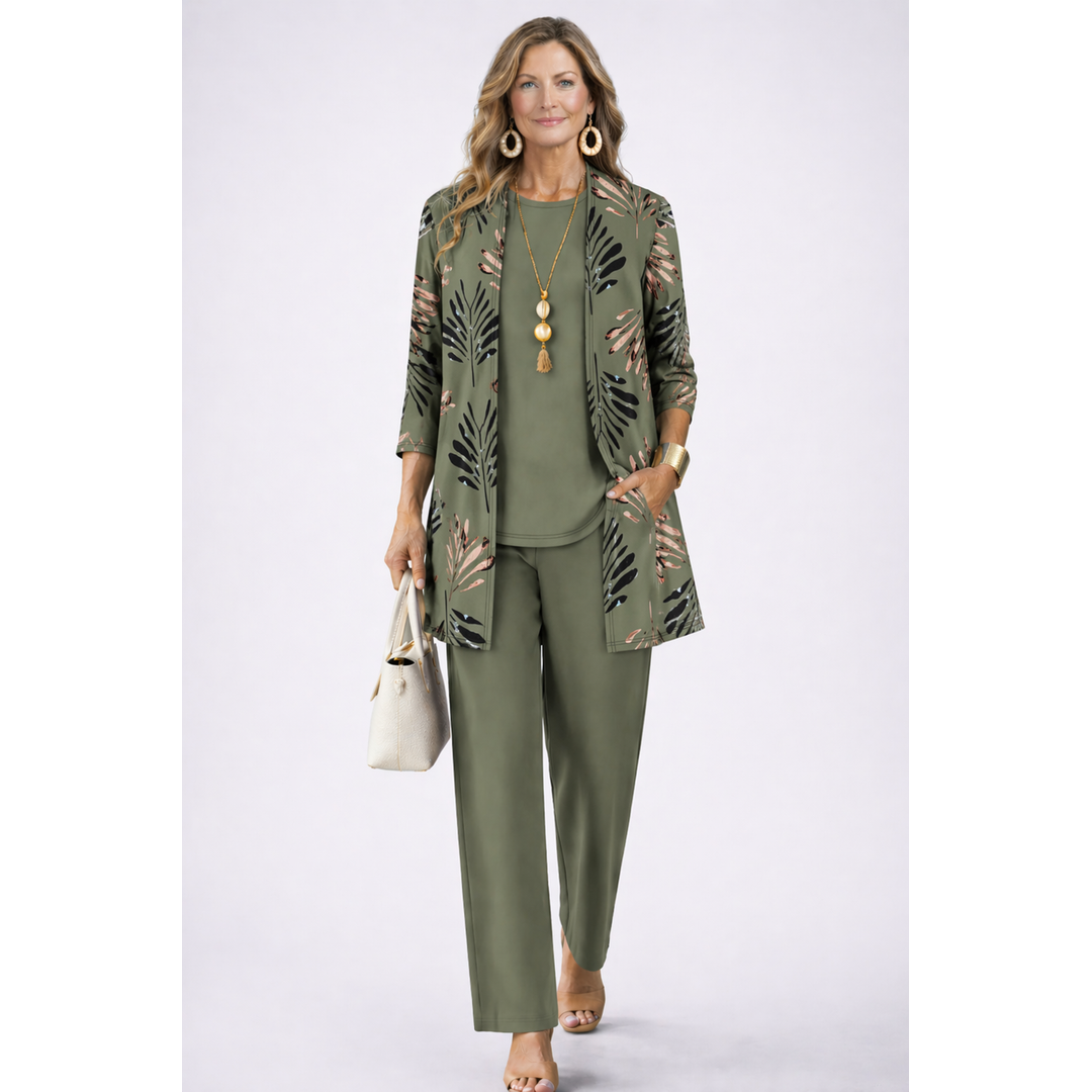 Women's green three-piece set with printed cardigan