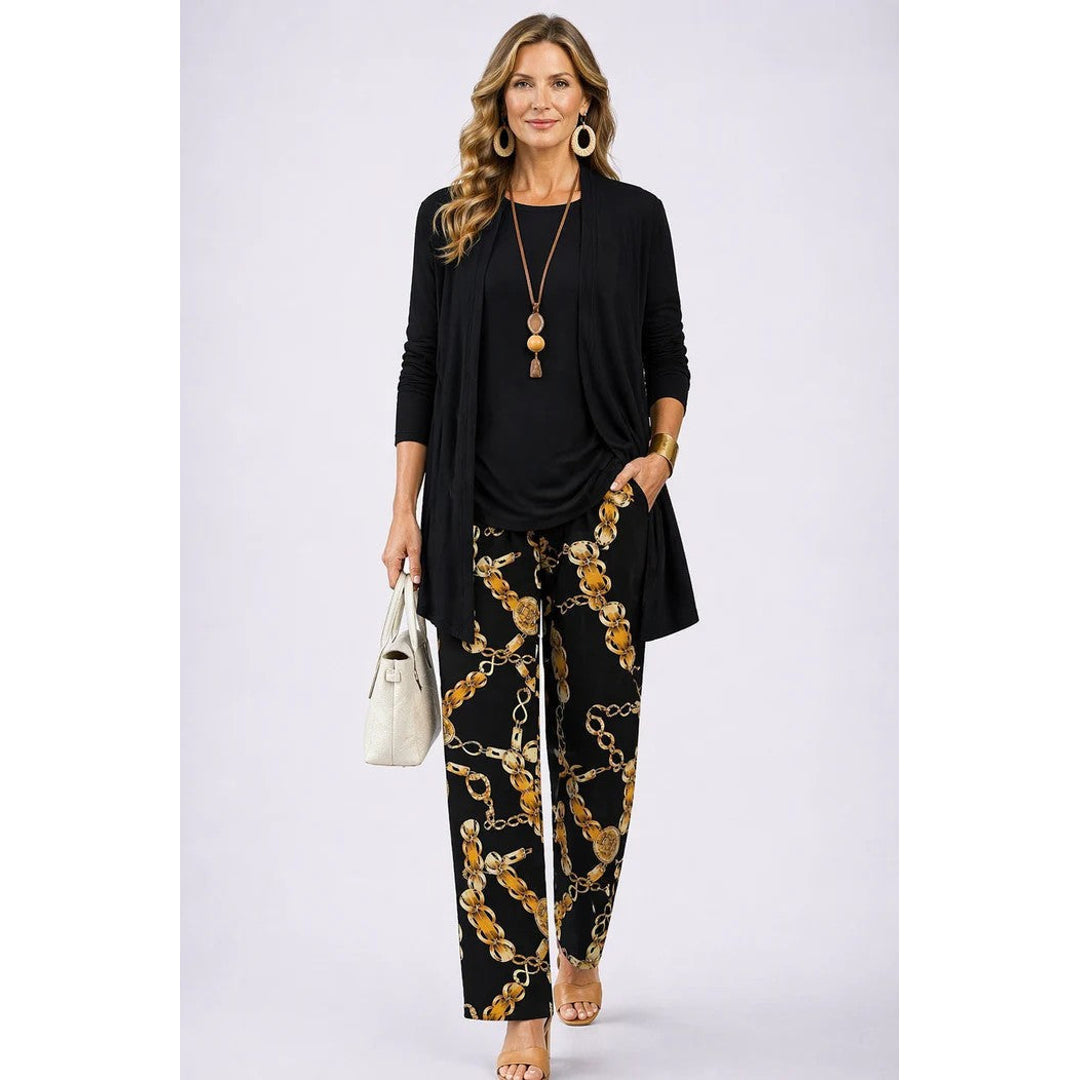Women's black three-piece set with printed trousers