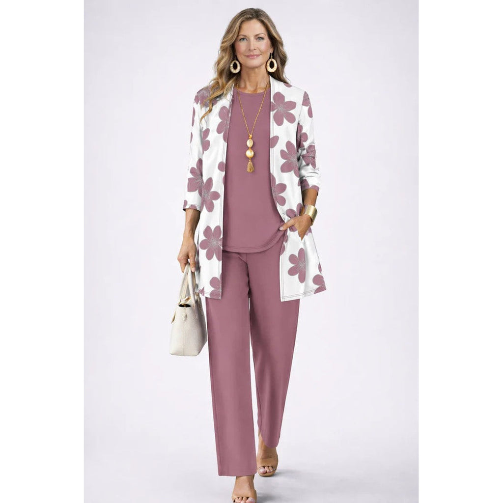 Women's light pink three-piece set with floral cardigan