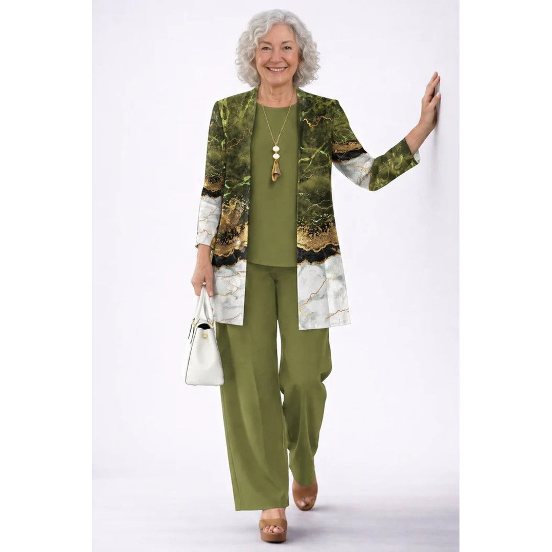 Women's olive three-piece set with printed cardigan