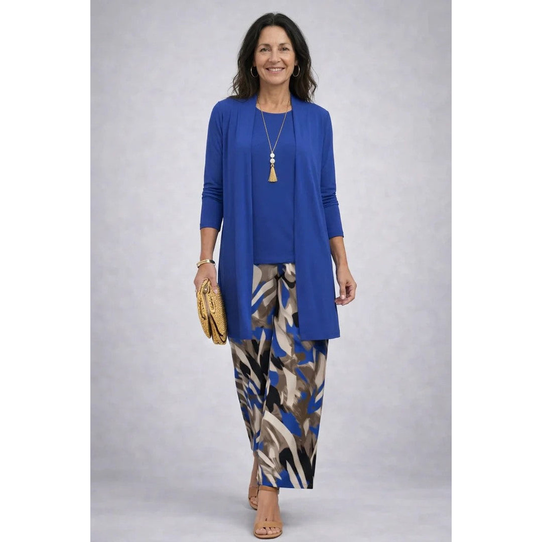 Women's blue three-piece set with printed trousers