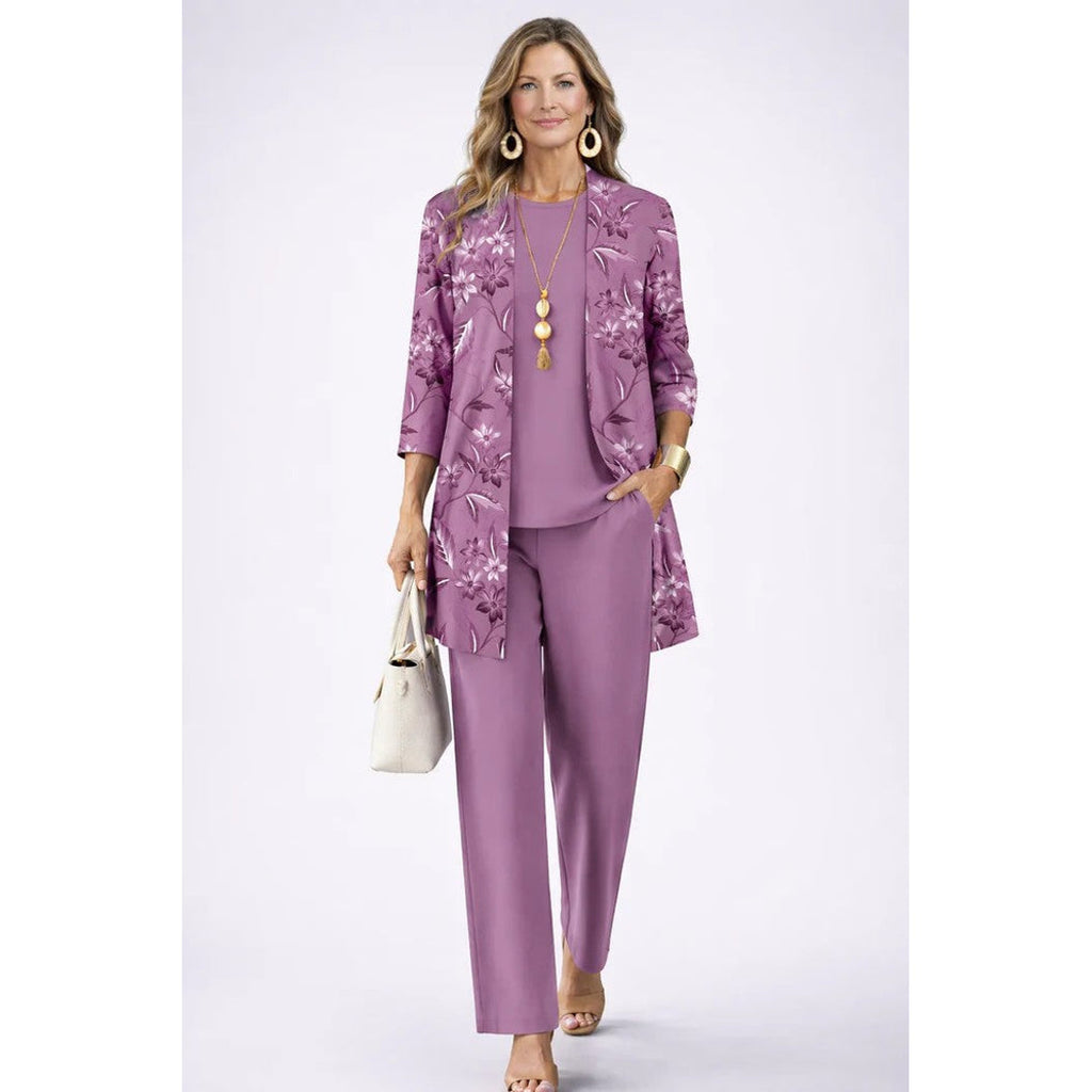 Women's purple three-piece set with printed cardigan