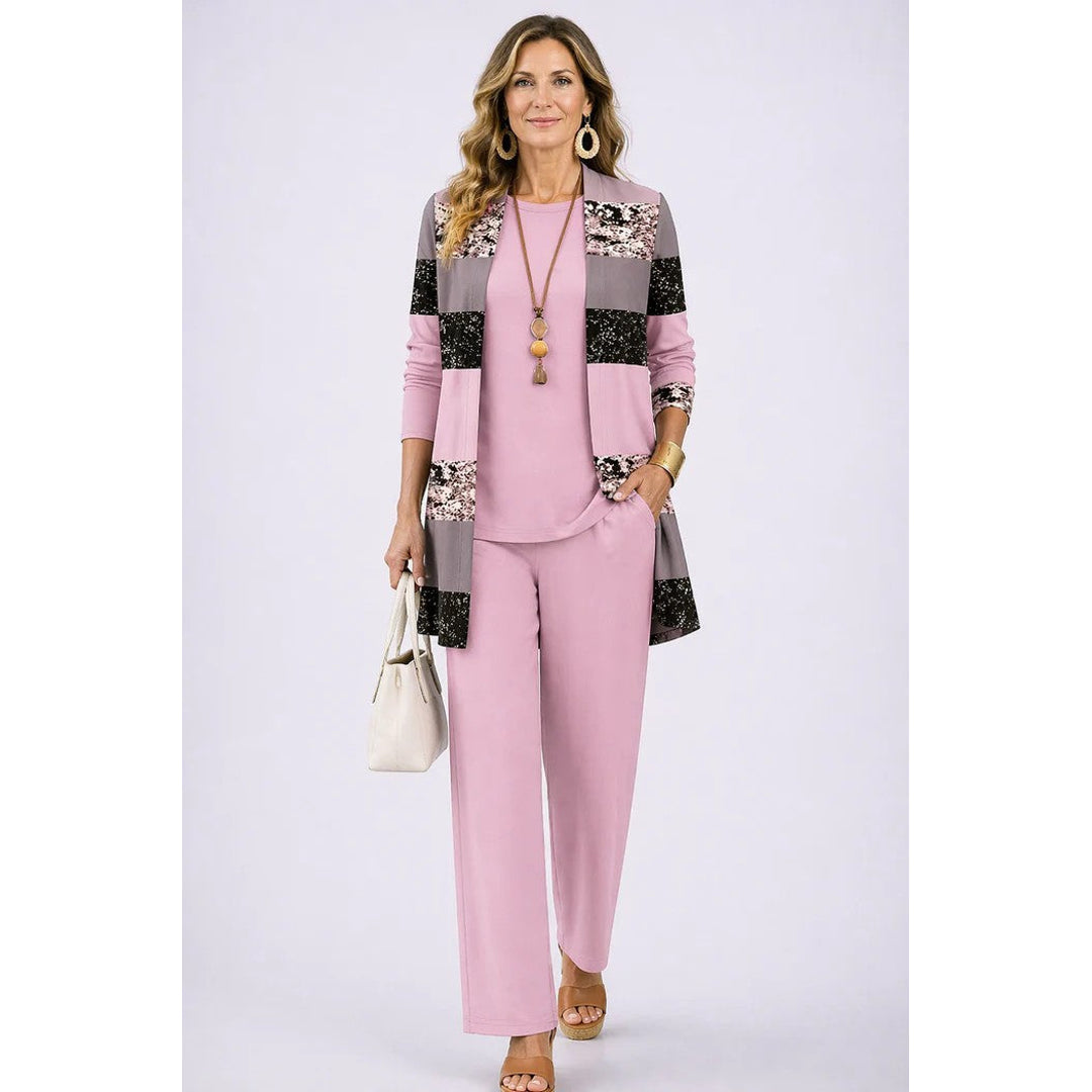 Women's pink three-piece set with patchwork cardigan