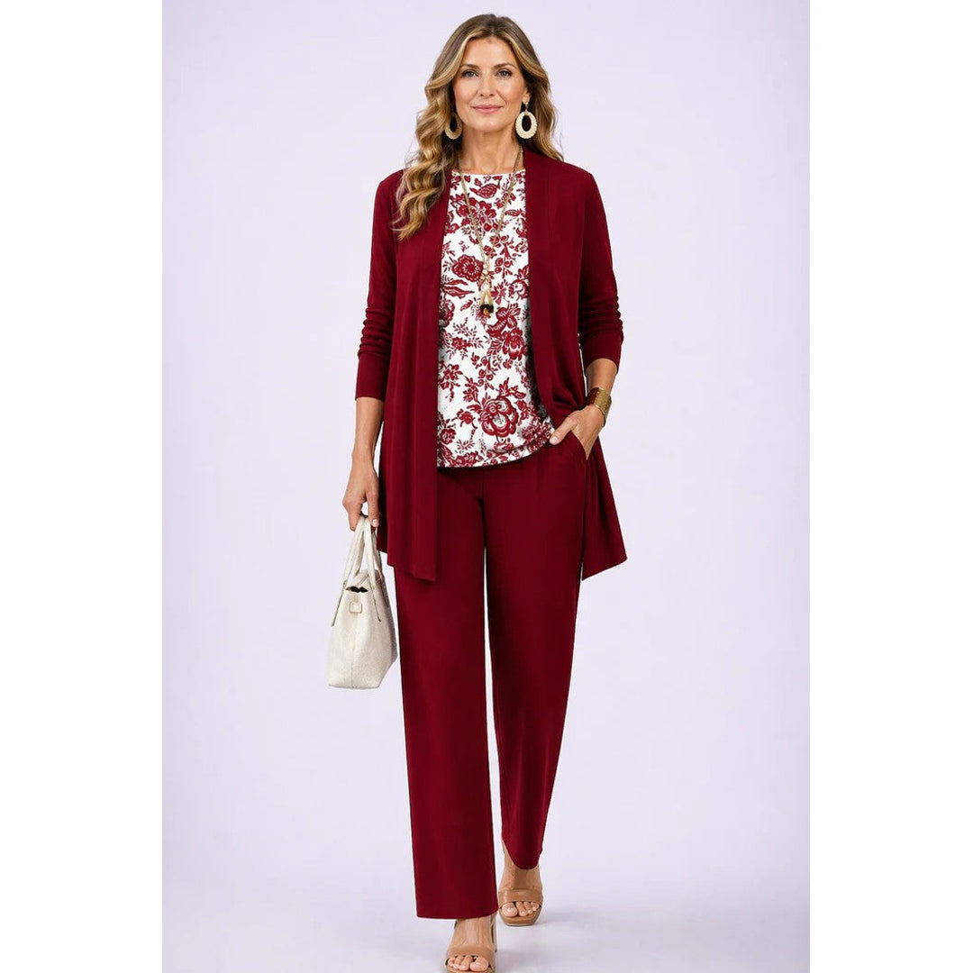 Women's three-piece set with red and white printed top