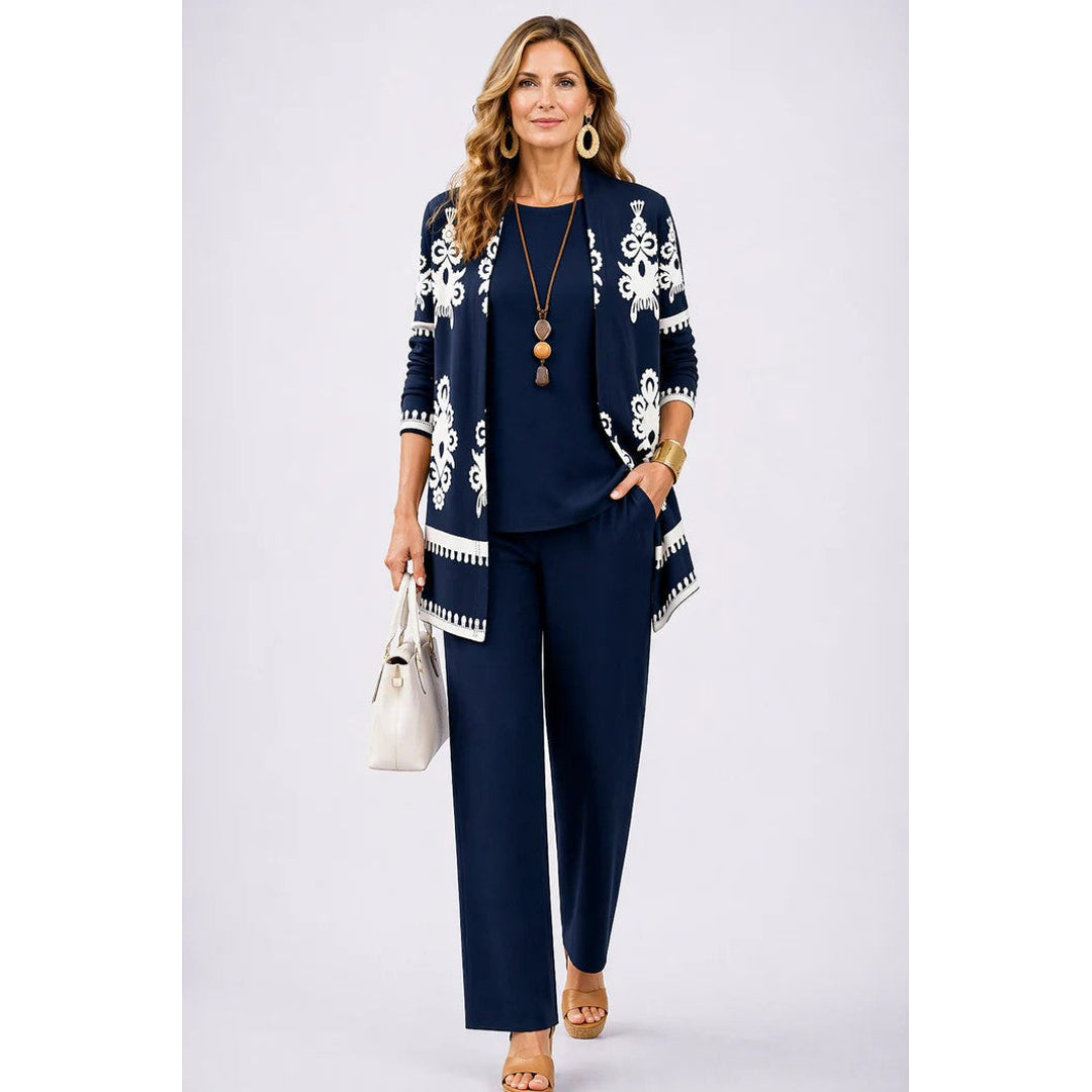 Women's dark blue three-piece set with printed cardigan