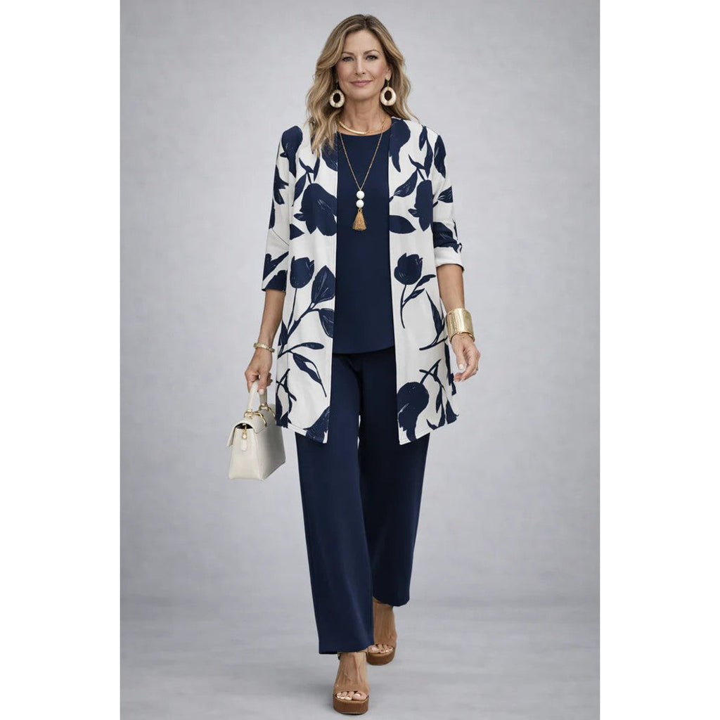 Women's blue and white printed cardigan set