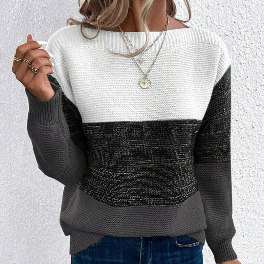 Women's Three-Tone Colour Block Sweater with Round Neck for Casual Days