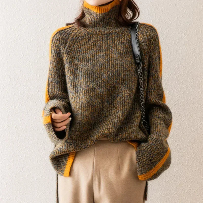 Woman wearing the olive turtleneck sweater – side view