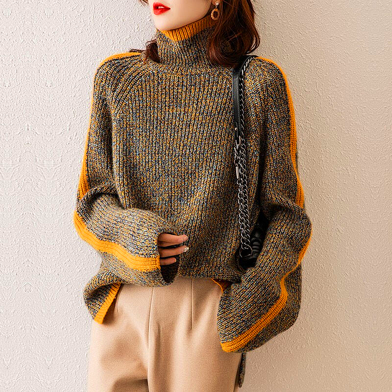 Woman wearing the olive turtleneck sweater – close-up