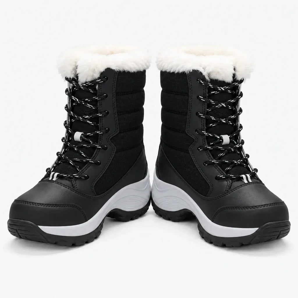 Women's black lace-up snow boots with fluffy lining