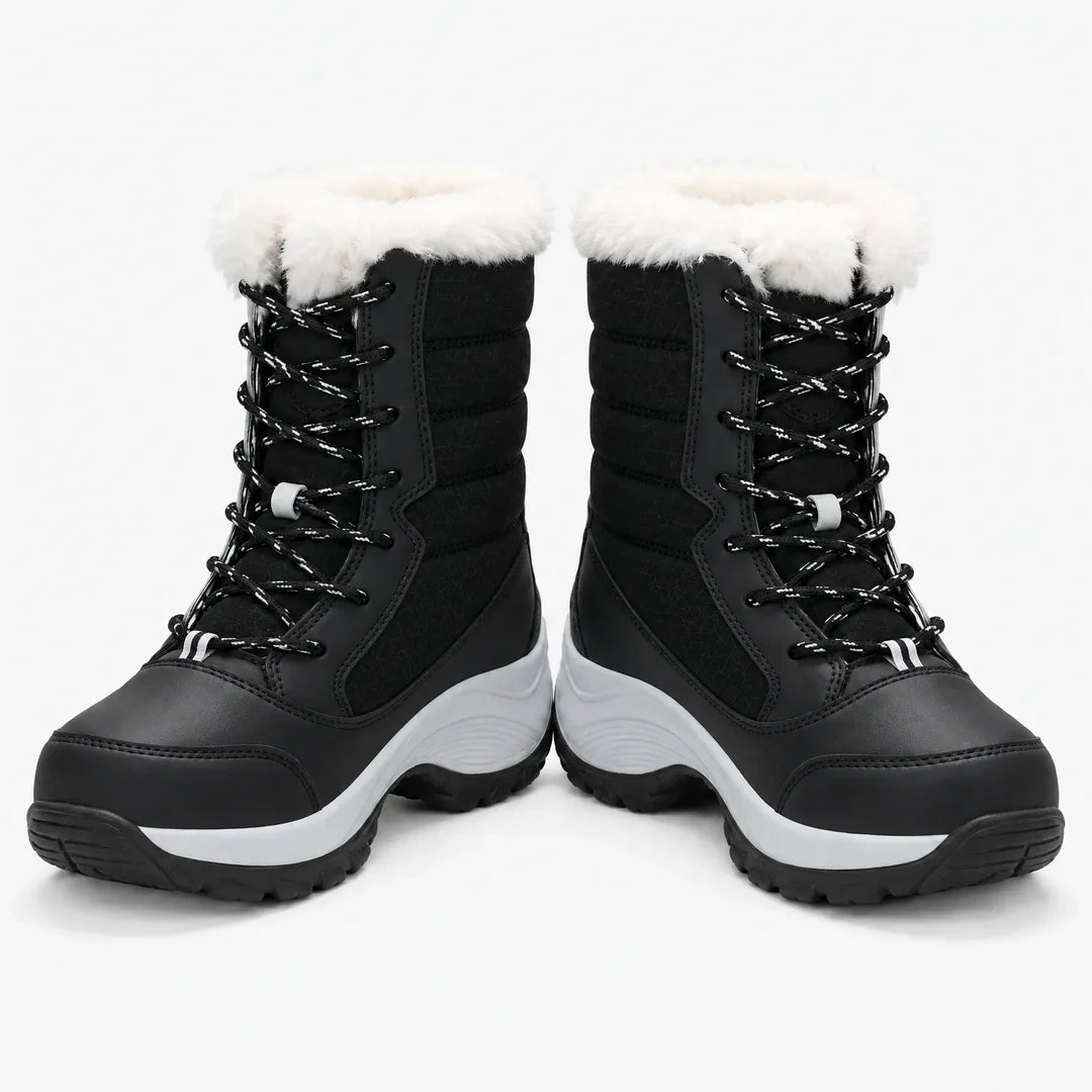 Women's black lace-up snow boots with fluffy lining