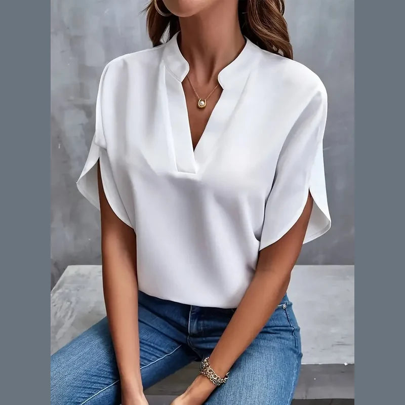 Women's V-Neck Blouse with Short Batwing Sleeves for Everyday Wear