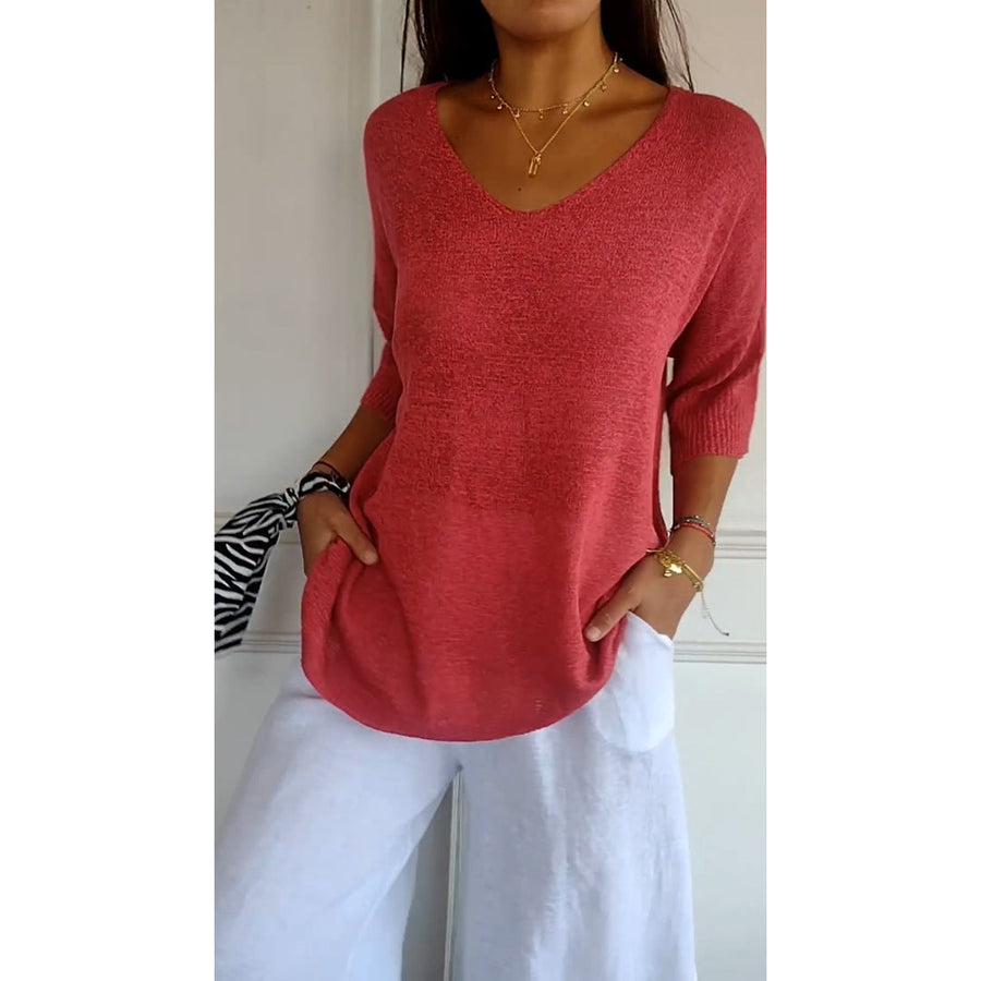 Women's V-Neck Knit Tunic Top with Short Sleeves for Relaxed Days