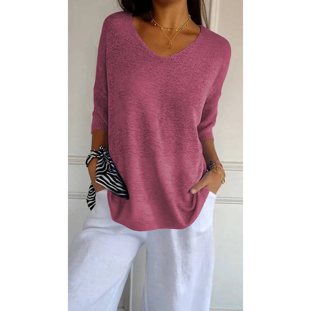 Women's raspberry V-neck knit tunic top