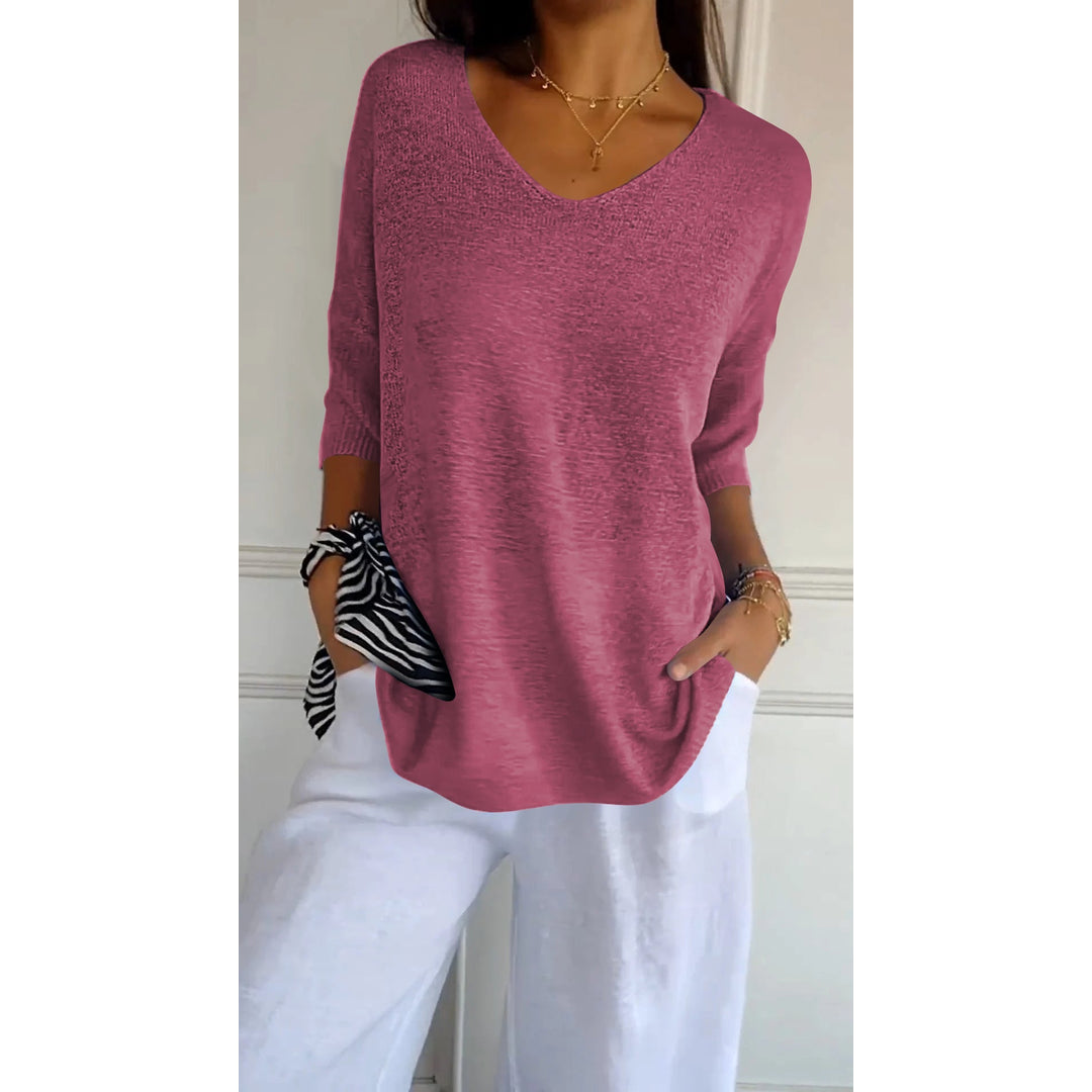 Women's raspberry V-neck knit tunic top