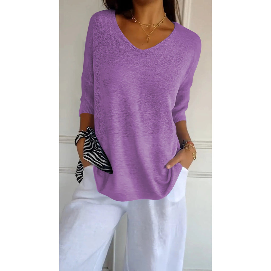 Women's purple knit tunic with short sleeves