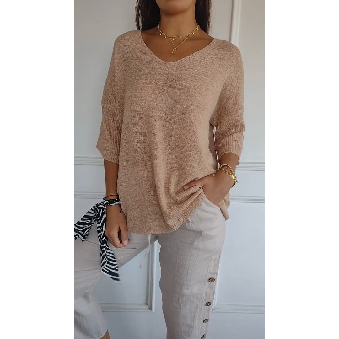 Women's apricot knit tunic top with V-neck