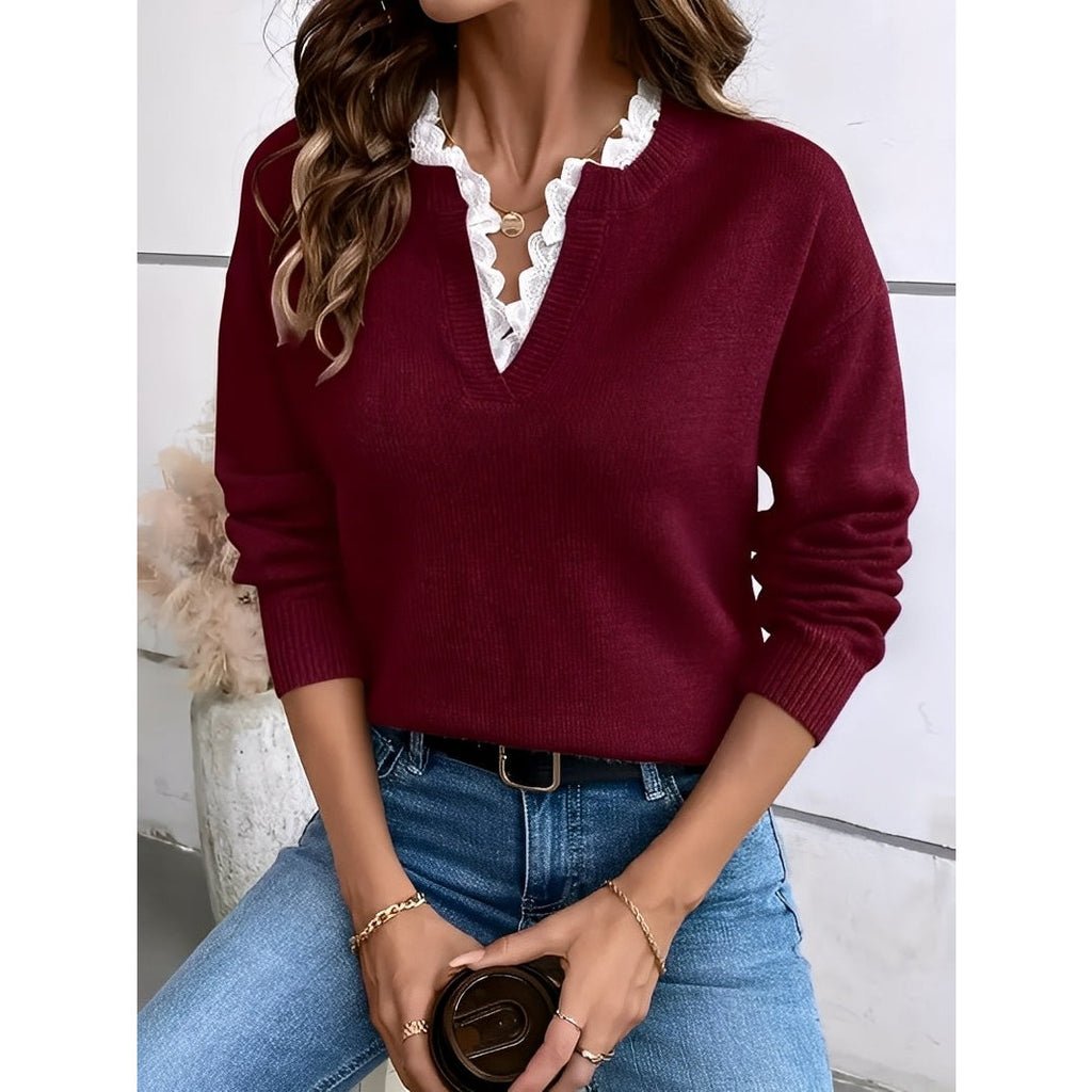 Women's v-neck sweater with lace trim in burgundy