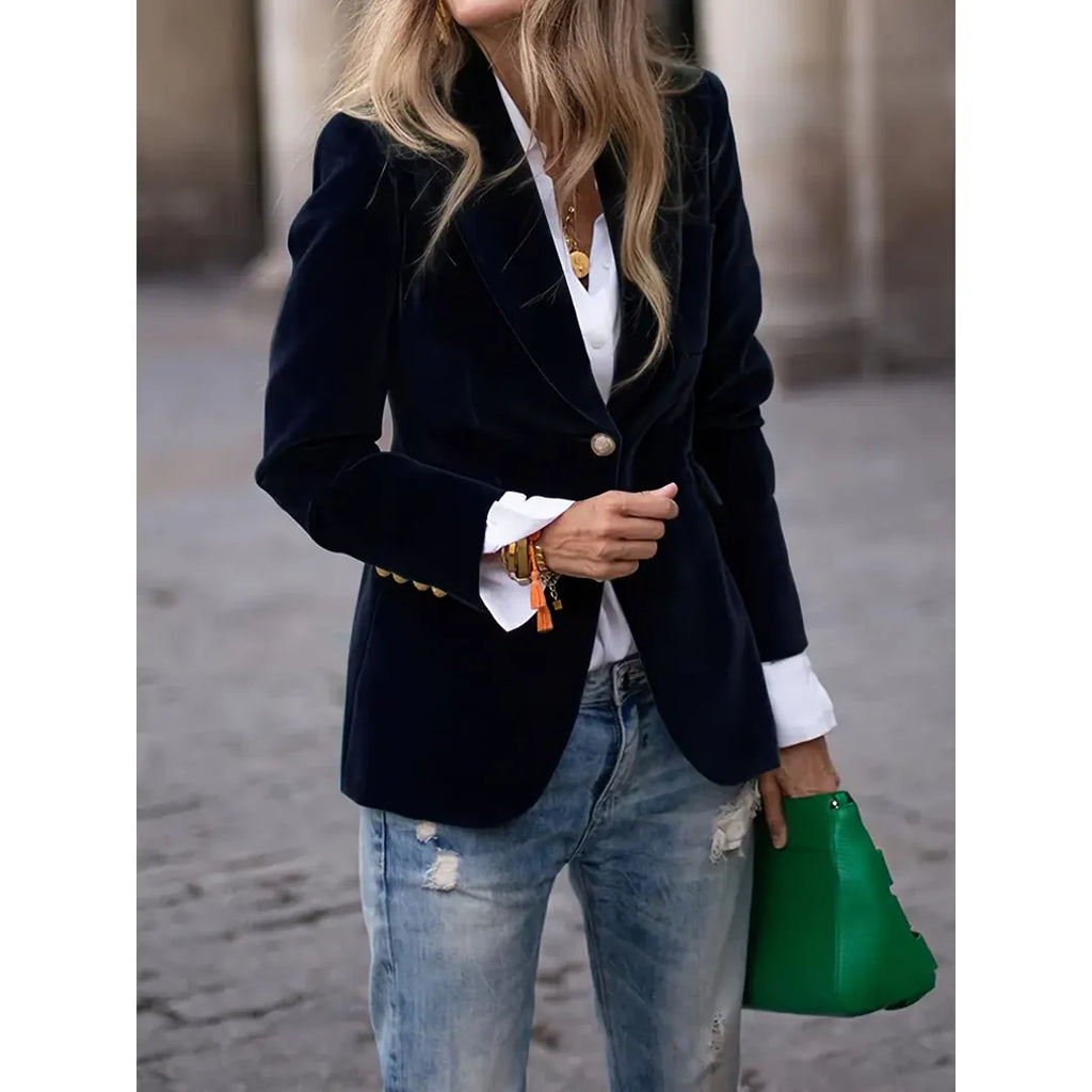 Women's black velvet-look one-button blazer