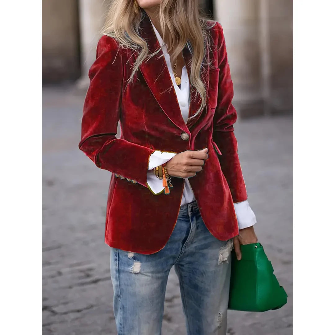 Women's red velvet-look one-button blazer