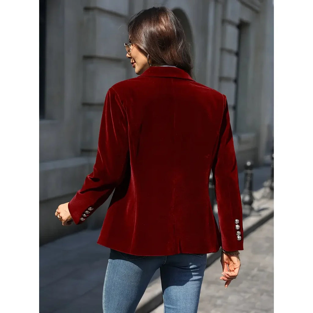 Women's red velvet blazer – back view