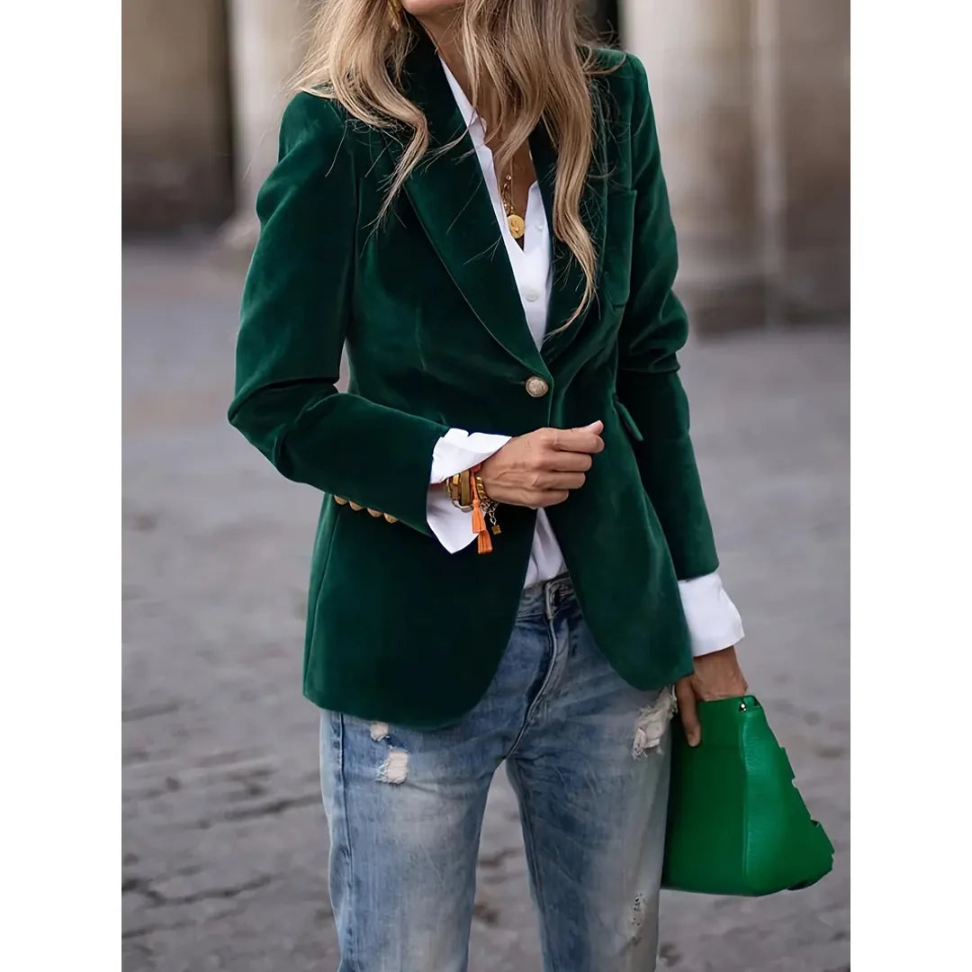 Women's green velvet-look one-button blazer