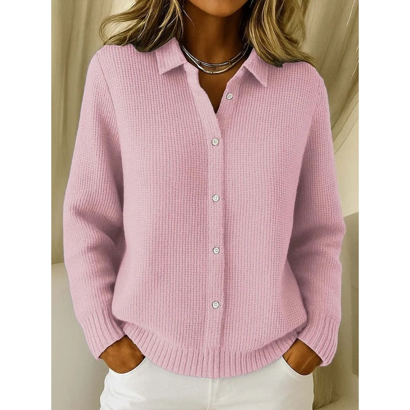 Women's waffle knit shirt-collar cardigan in pink